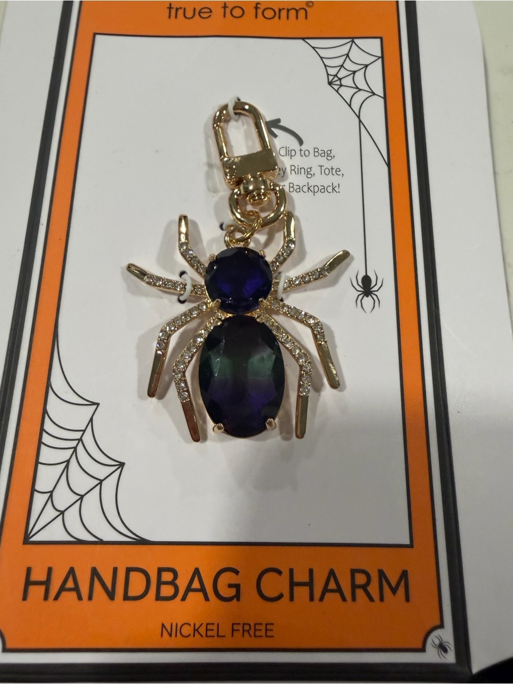 True To Form Gold Spider Handbag Charm with Purple-Green Stones